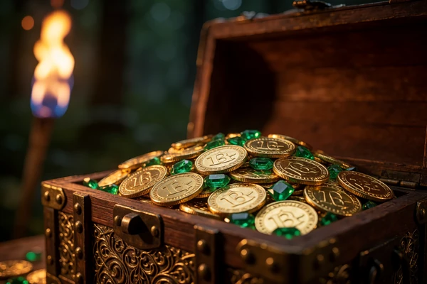 Holztruhe mit Goldm&uuml;nzen und gr&uuml;nen Smaragden im warmen Fackellicht als WildRobin Casino Willkommensbonus