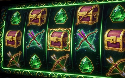 Slot-Automat mit Wald-Themensymbolen wie B&ouml;gen und Truhen in Neon-Gr&uuml;n und Gold bei WildRobin Casino Slots