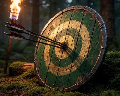Holzschild mit gr&uuml;n-goldenem Zielscheiben-Muster und Pfeilen im Bullseye auf Waldboden als WildRobin Casino Cashback-Symbol