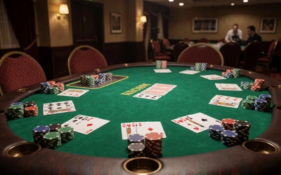 Live Poker Tisch mit gr&uuml;nem Filz und Chips im WildRobin Casino Live Casino