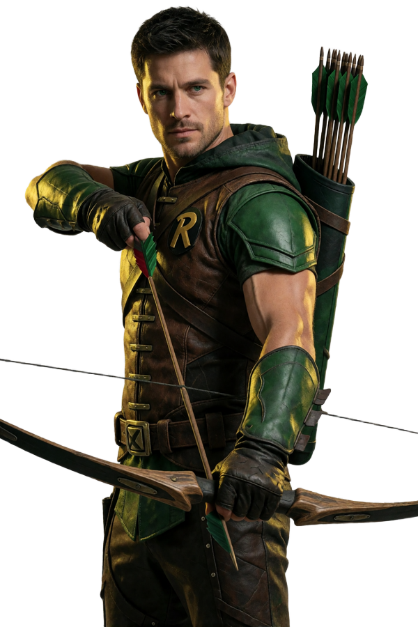 Robin Hood-Modell in braunem Lederoutfit mit gr&uuml;ner Kapuze und gezogenem Bogen als WildRobin Casino Abenteuer-Maskottchen