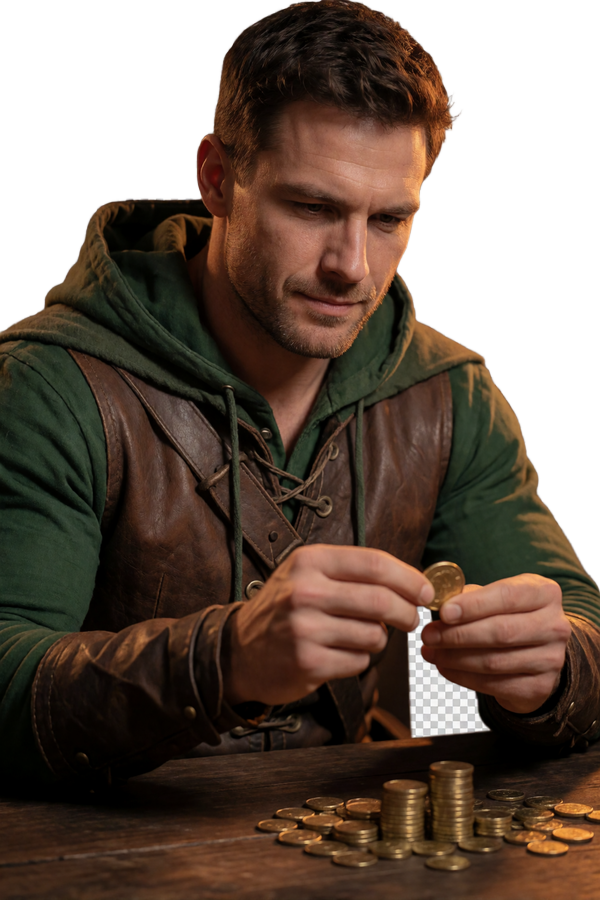 Robin Hood-Modell namens Robin mit gr&uuml;ner Kapuze und braunem Lederoutfit, der Goldm&uuml;nzen auf einem Holztisch z&auml;hlt, als WildRobin Casino Zahlungs-Maskottchen