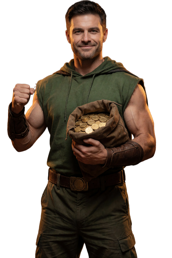 Robin Hood-Modell mit gr&uuml;ner Kapuze und Goldm&uuml;nzsack in siegreicher Pose als WildRobin Casino Bonus-Maskottchen
