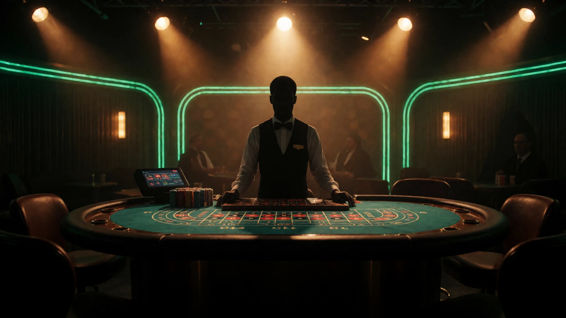 Live Casino Studio mit Roulettetisch und Dealer-Silhouette im warmen Spotlicht bei WildRobin Casino