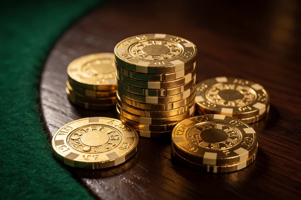 Goldene Casino-Chips auf dunklem Holztisch mit gr&uuml;nem Filzrand im warmen Spotlicht bei WildRobin Casino