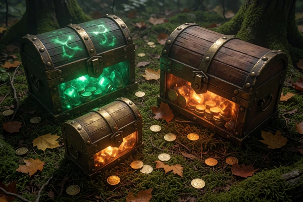 Drei Holztruhen unterschiedlicher Gr&ouml;&szlig;e auf moosigem Waldboden, jeweils in Gr&uuml;n, Gold und Amber leuchtend, als WildRobin Casino Willkommenspaket